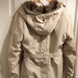 Hooded faux fur lined belted wear two ways jacket
